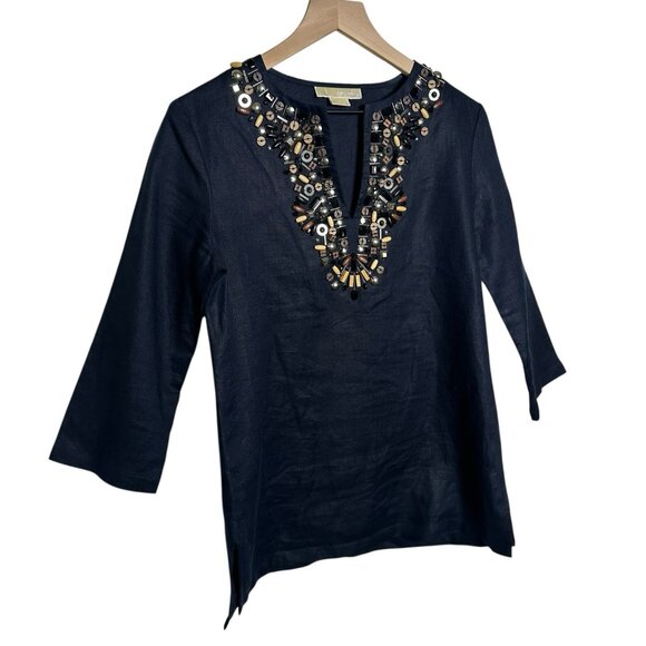 Michael Kors Small Navy 100% Linen Tunic Shirt Embellished Top 3/4 Sleeve Office - Picture 4 of 10